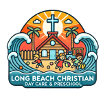 Long Beach Christian Day Care & Preschool Logo with kids playing in sand and waves crashing around the logo in front of preschool with cross on top