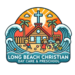 Long Beach Christian Day Care & Preschool Logo with kids playing in sand and waves crashing around the logo in front of preschool with cross on top